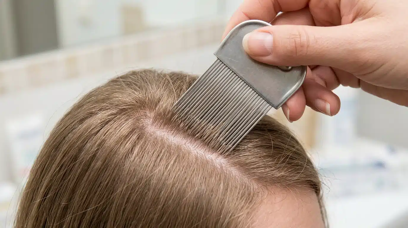Peigne fin en métal passé dans les cheveux pour contrôler la présence de poux