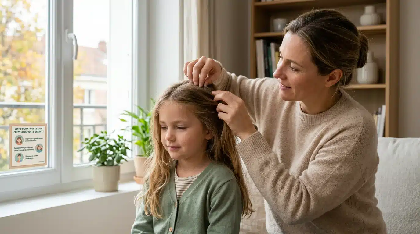 Une mère inspecte les cheveux longs de sa fille près d'une fenêtre