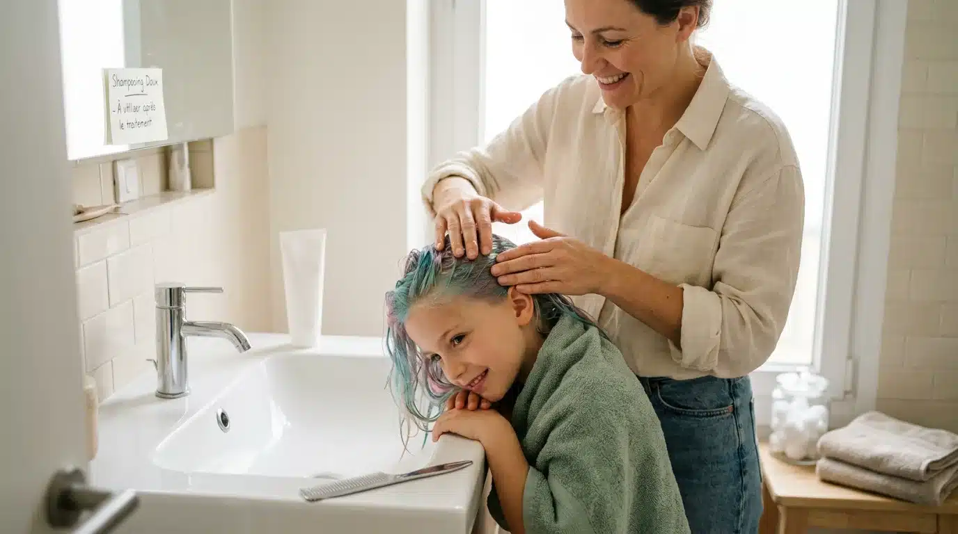 Application d'un traitement anti-poux et passage du peigne fin sur cheveux colorés