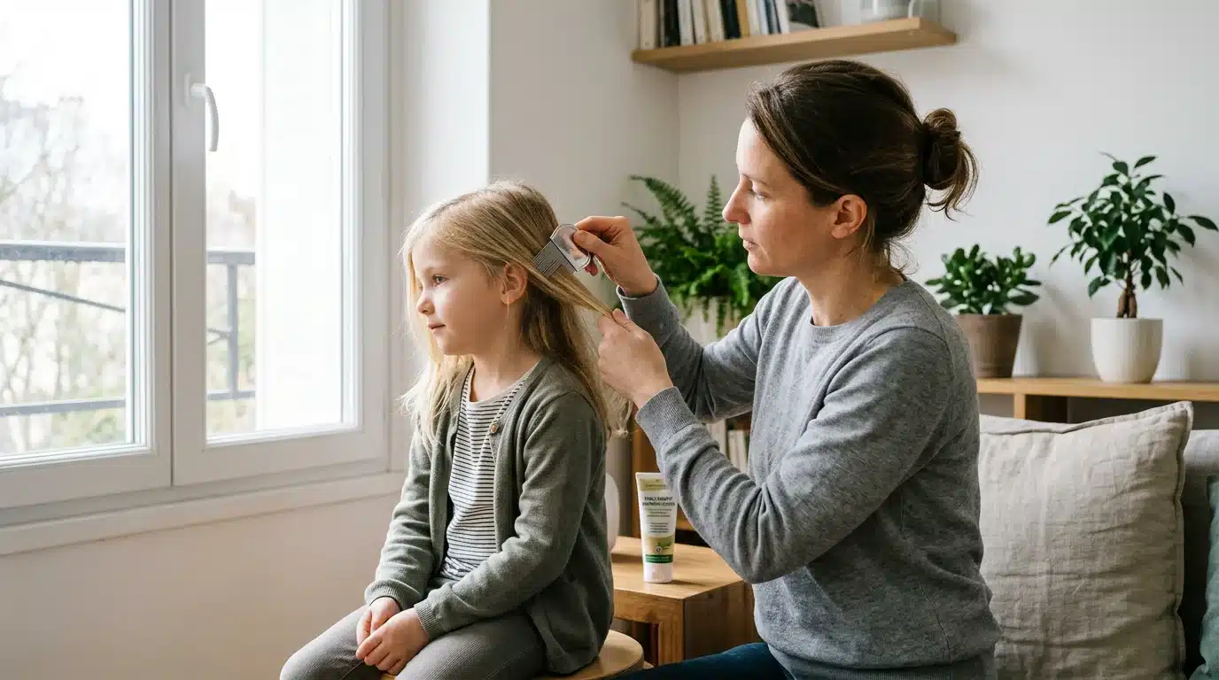 Un parent européen examine mèche par mèche les cheveux d'un enfant avec un peigne fin près d'une fenêtre