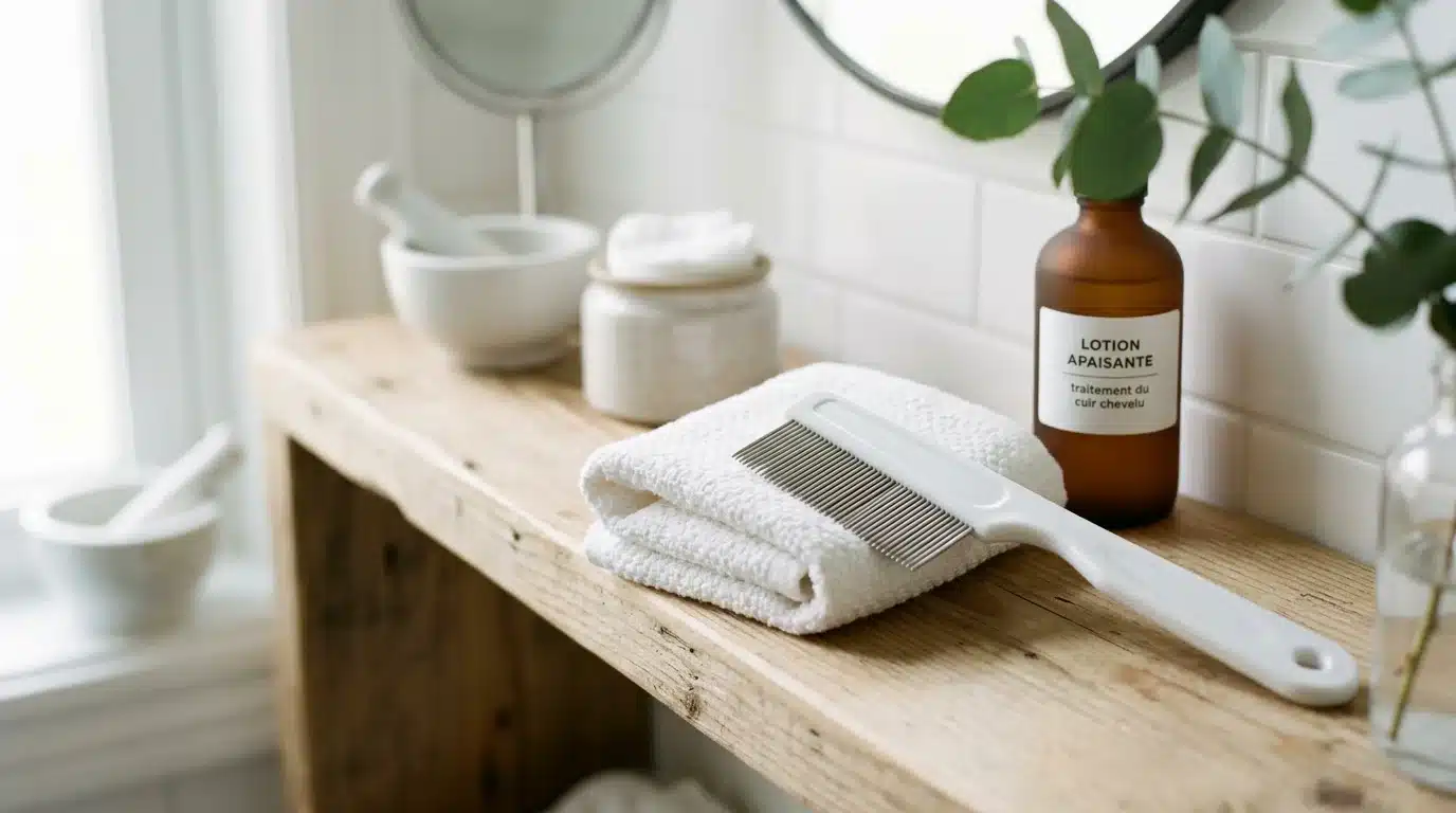 Peigne fin anti-poux et serviette blanche posés sur une étagère de salle de bain