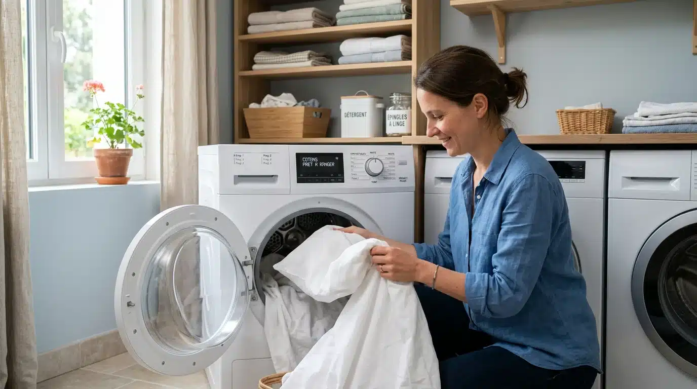 Parent plaçant des draps et une taie d'oreiller dans un sèche-linge pour éliminer les poux