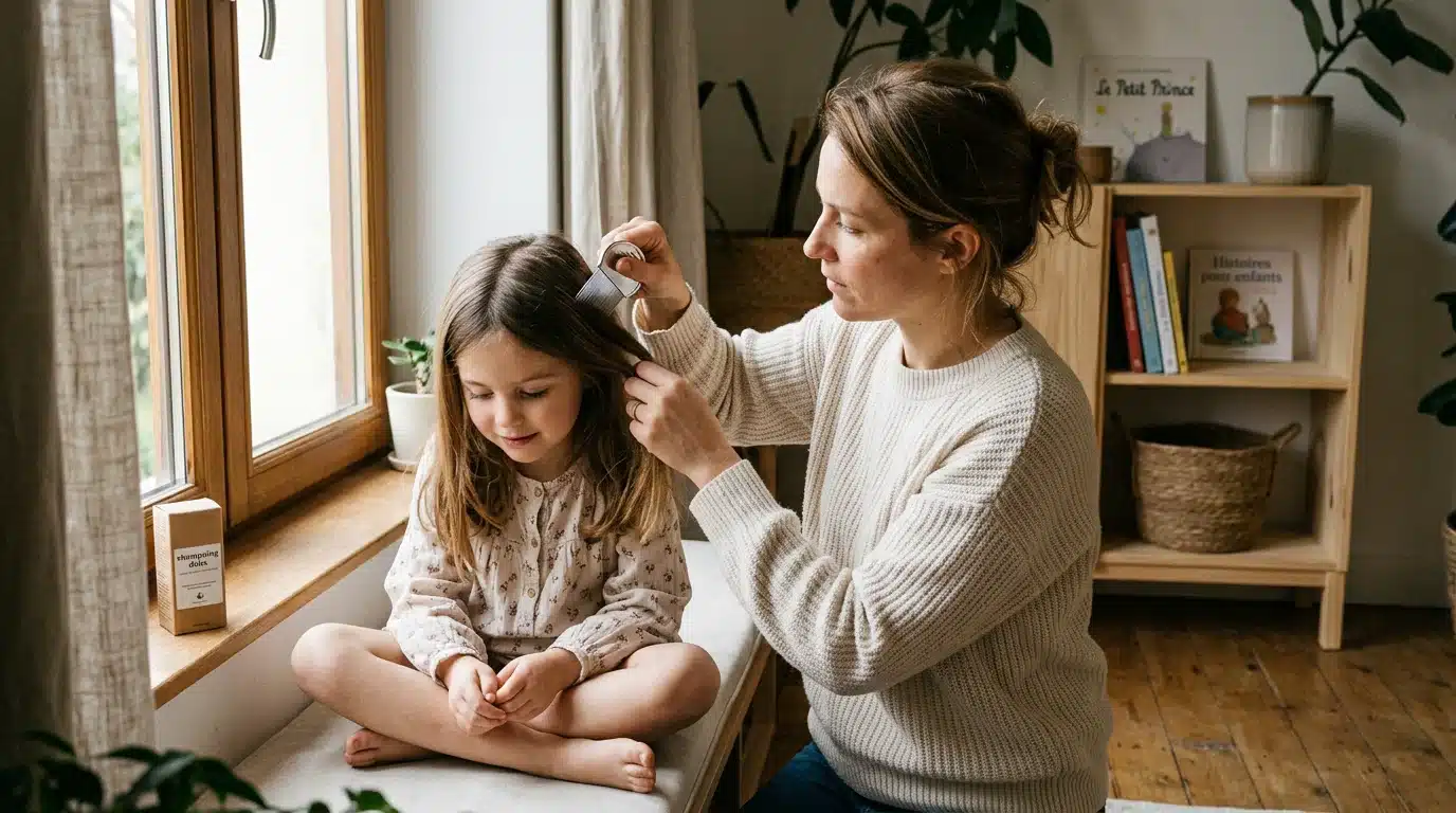 Parent inspectant les cheveux d'un enfant avec un peigne fin après une infestation de poux