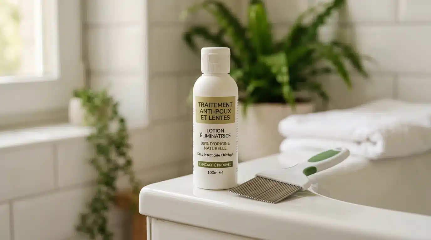 Flacon de lotion traitante anti-poux posé à côté d'un peigne fin métallique