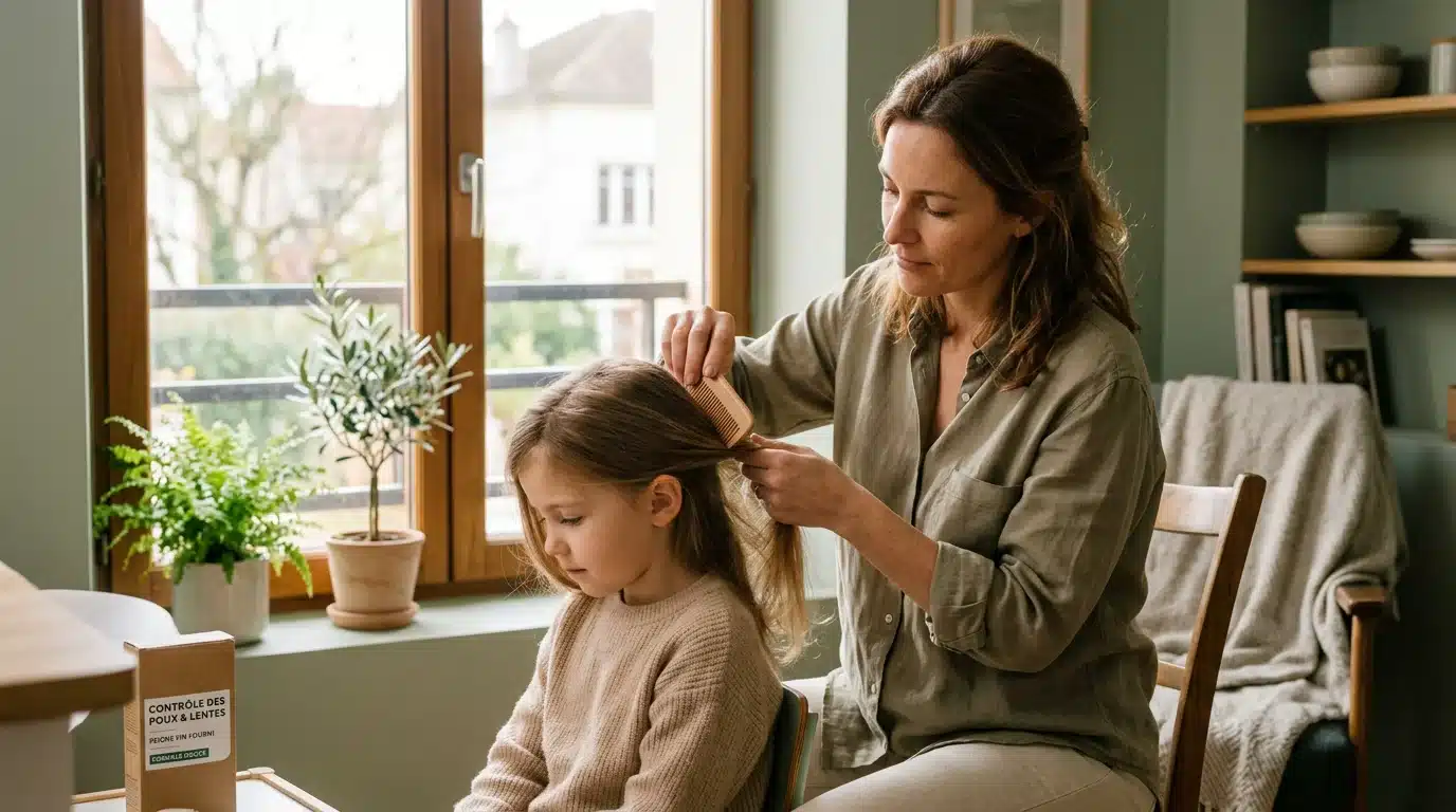 Une mère européenne inspecte les cheveux de sa fille avec un peigne fin à la maison