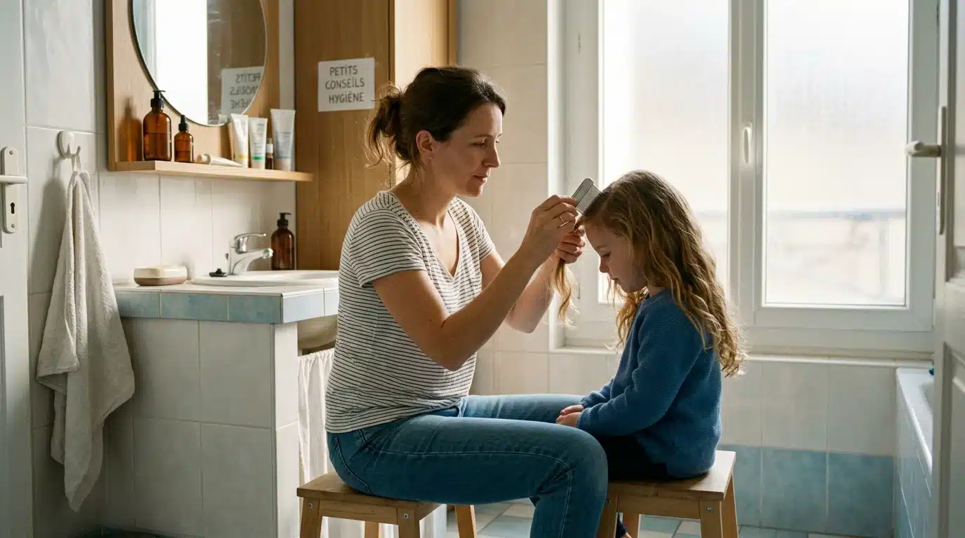 Une mère inspecte les cheveux de sa fille avec un peigne fin anti-poux