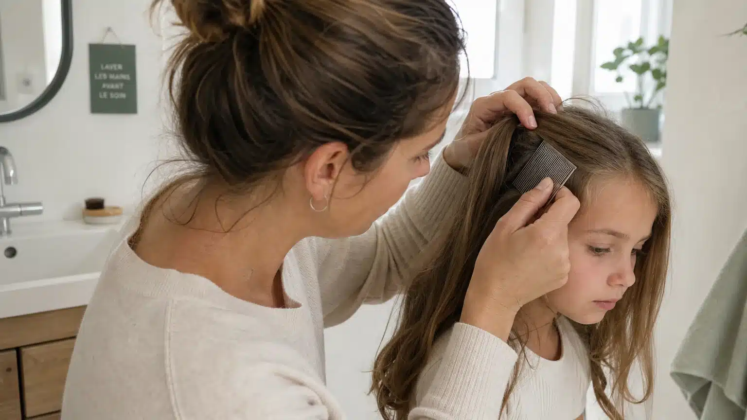 Parent examinant les cheveux d’un enfant avec un peigne anti-poux