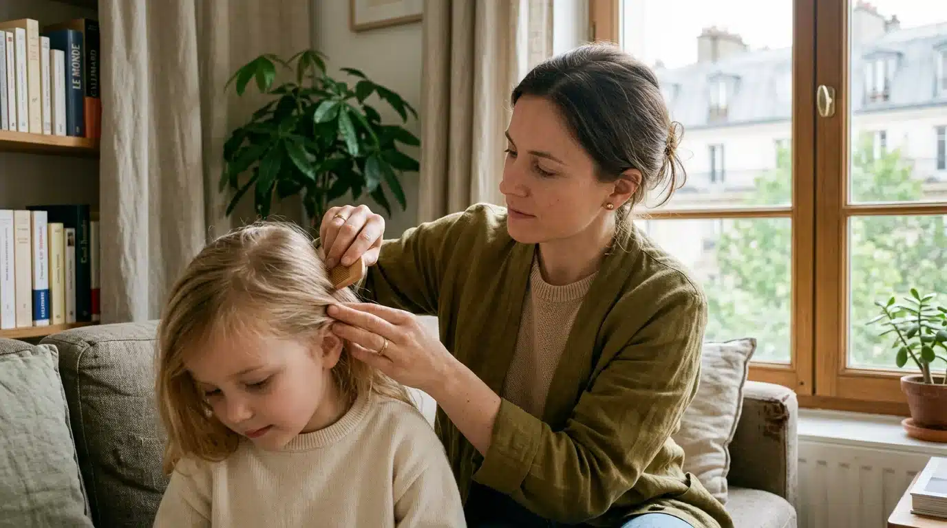 Une mère européenne examine le cuir chevelu de son enfant à la recherche de poux