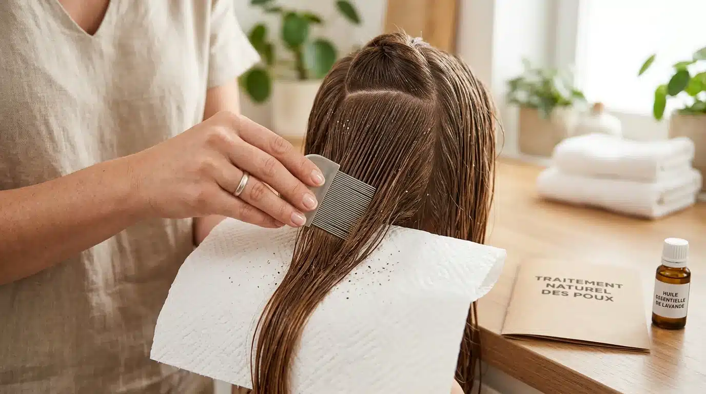 Peigne anti-poux à dents fines passé dans une chevelure humide au-dessus d'un papier blanc