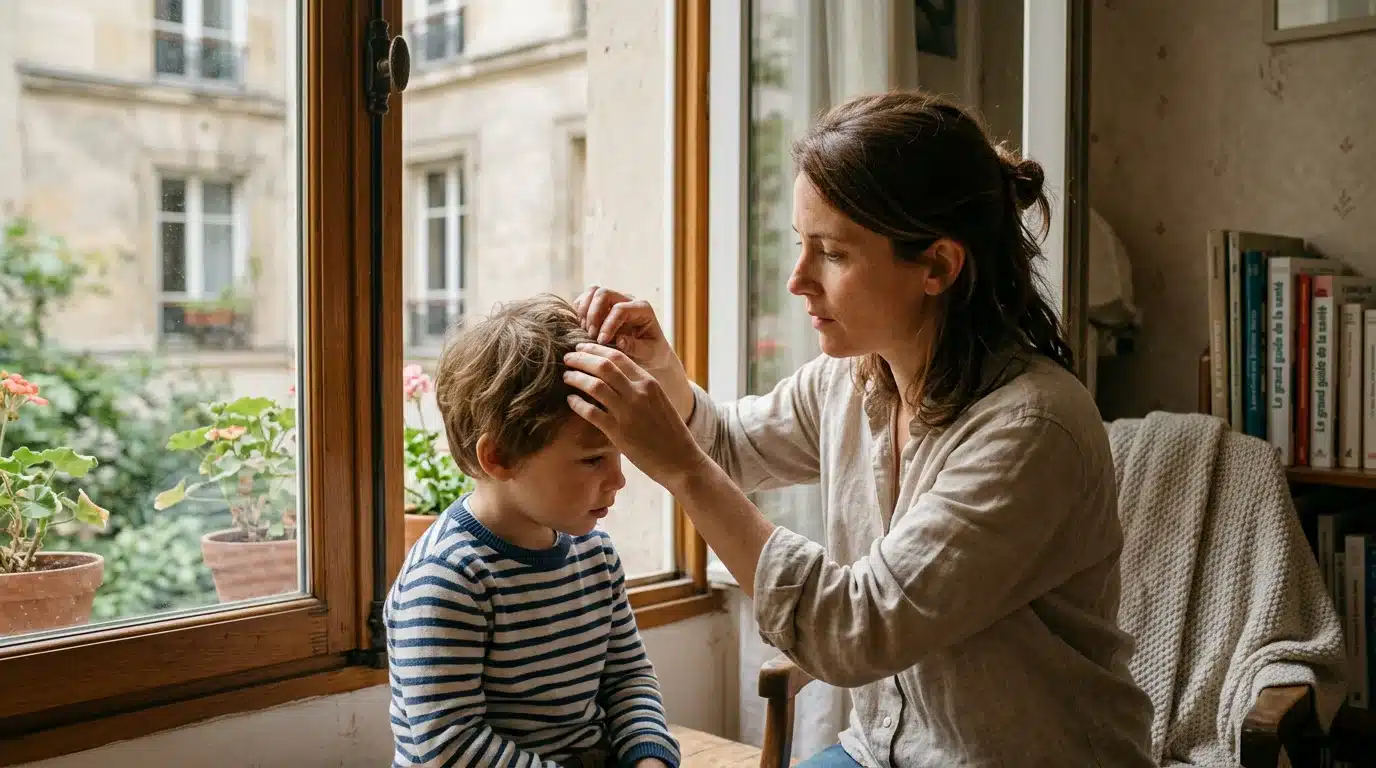 Une mère examine le cuir chevelu de son enfant derrière les oreilles à la lumière naturelle