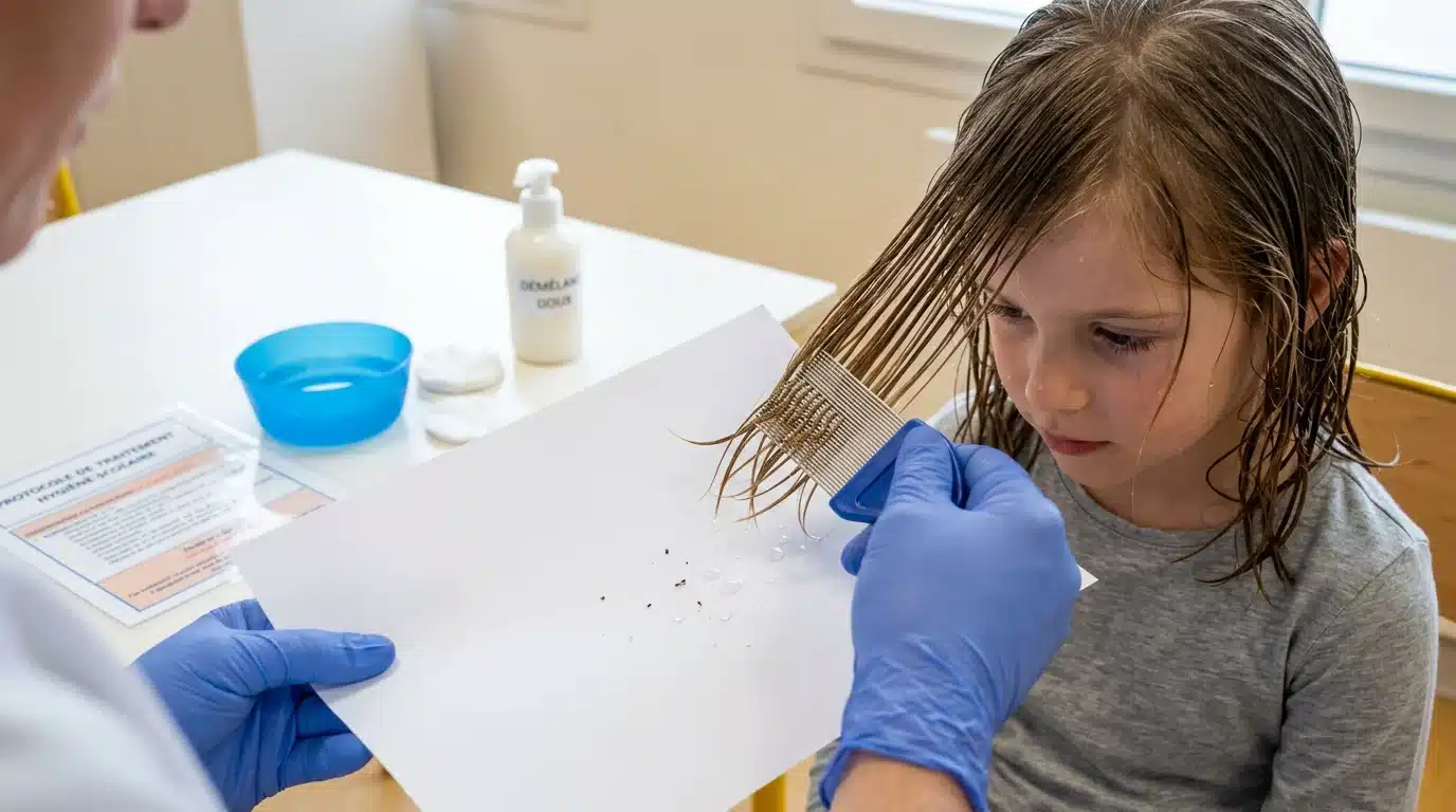 Passage d'un peigne fin anti-poux sur cheveux mouillés au-dessus d'une feuille blanche