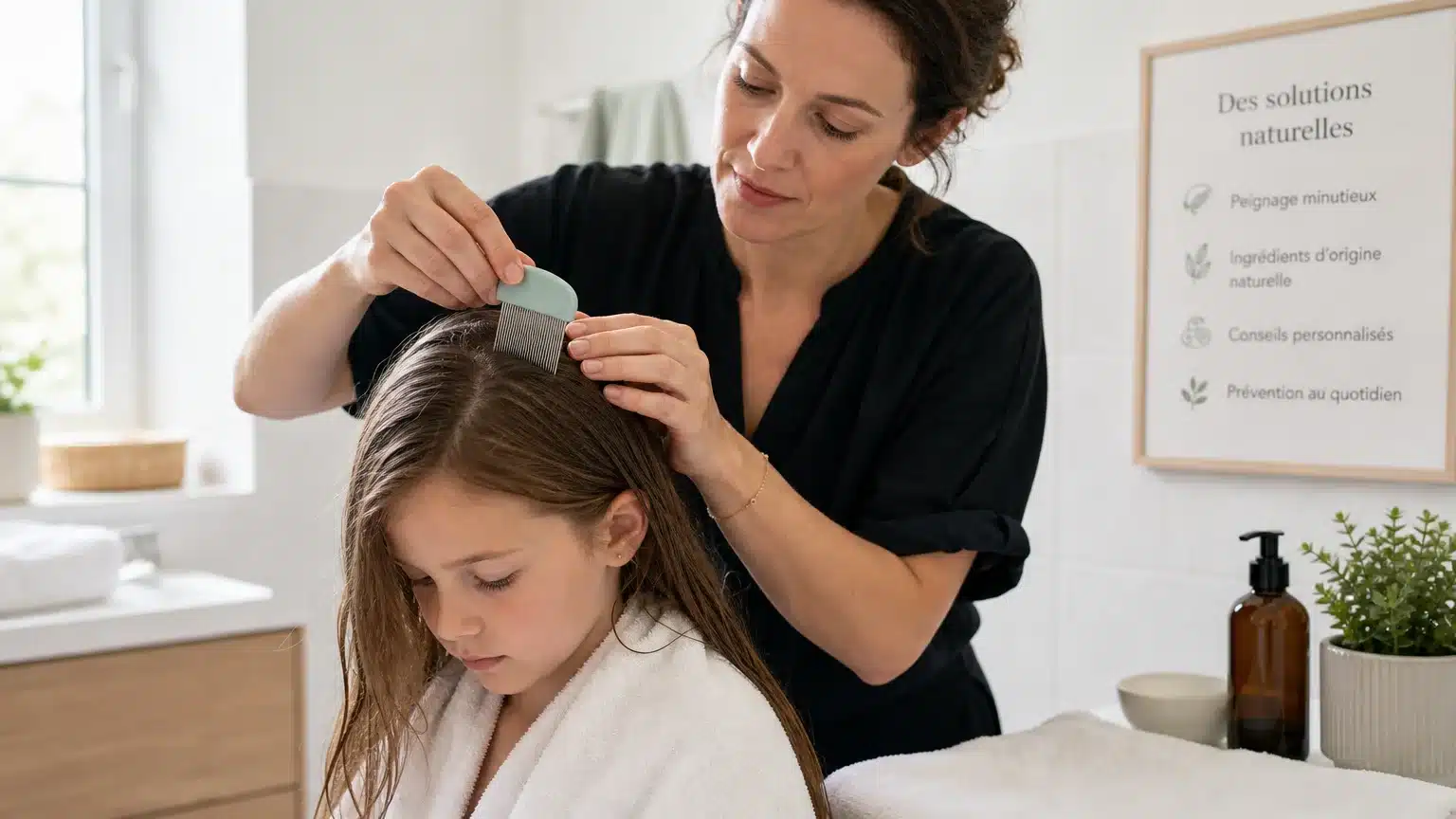 Parent européen peignant les cheveux d'un enfant avec un peigne anti-poux