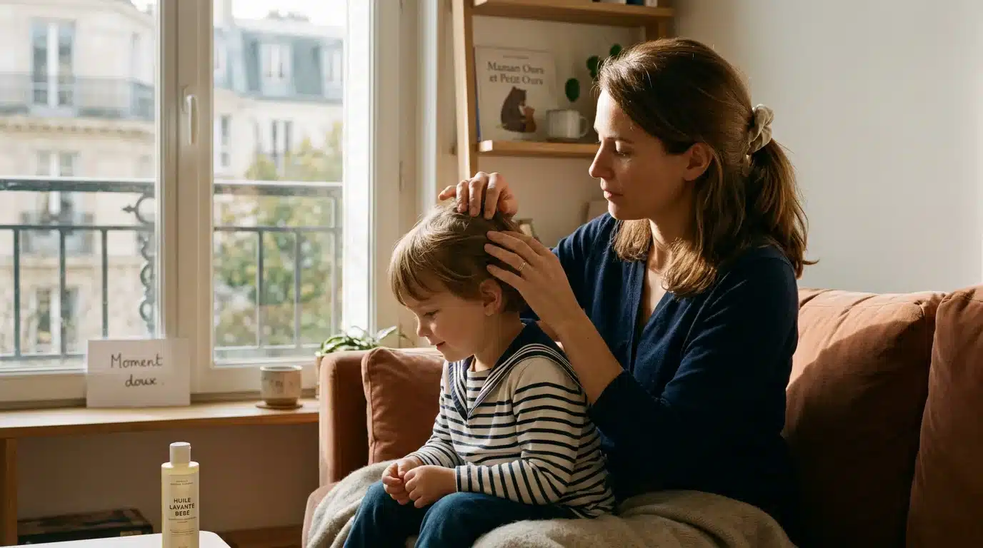 Une mère européenne inspecte le cuir chevelu de son enfant qui se gratte