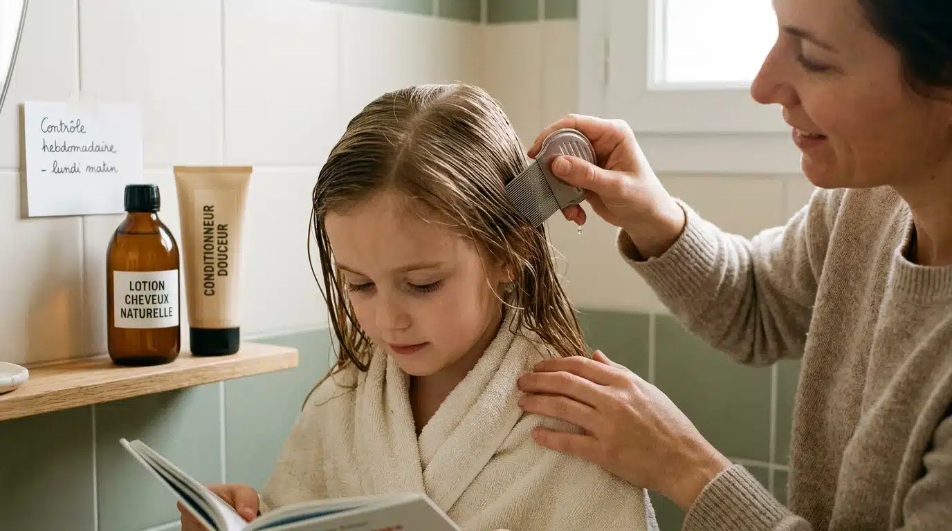 Peignage des cheveux d'un enfant avec un peigne à poux pour détecter les lentes
