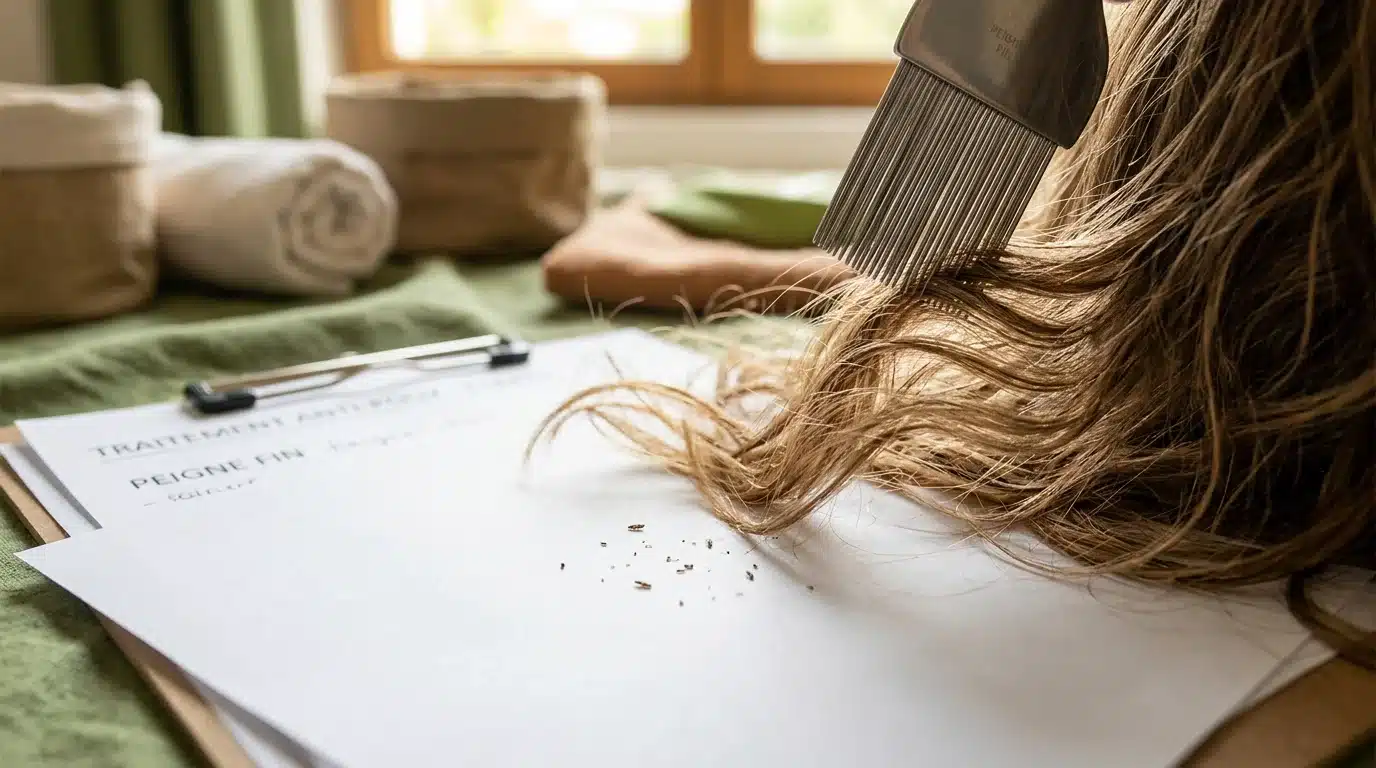 Peigne anti-poux à dents fines passé dans les cheveux pour un contrôle après traitement