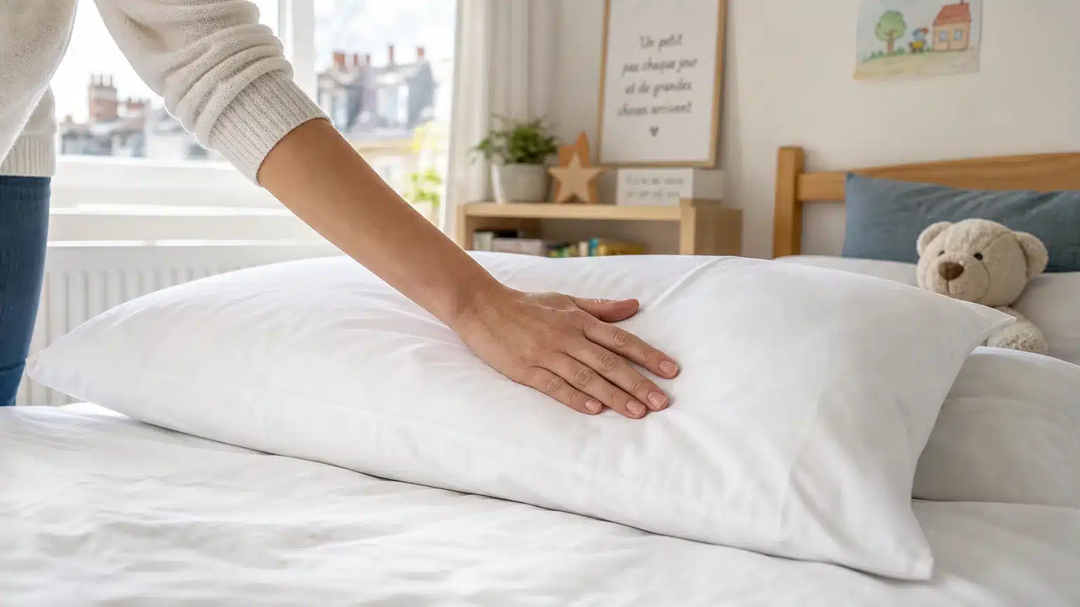 Oreiller propre sur un lit dans une chambre familiale française