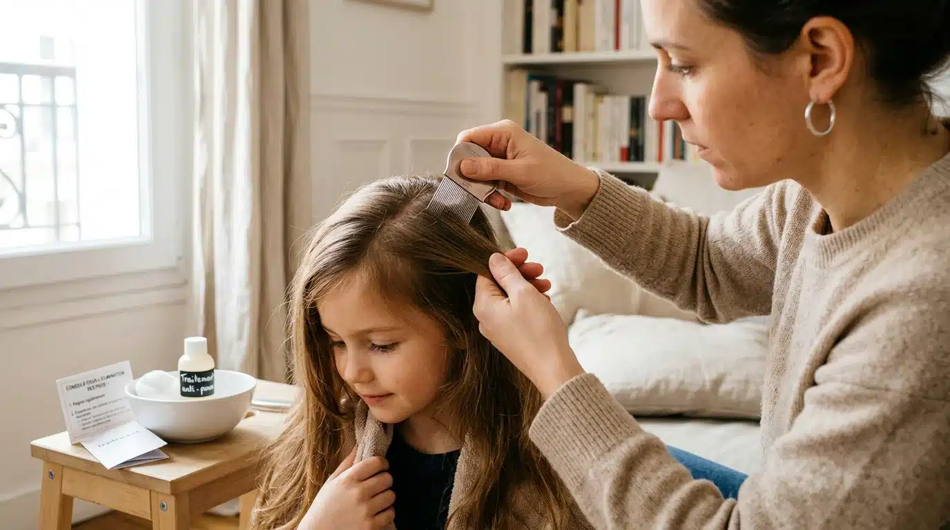 Parent européen inspectant le cuir chevelu d'un enfant avec un peigne fin