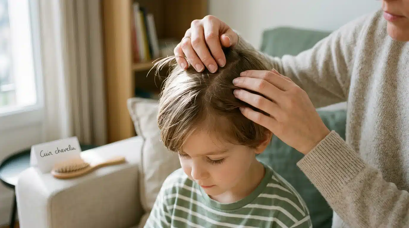 Parent européen inspectant le cuir chevelu d'un enfant à la recherche de lentes