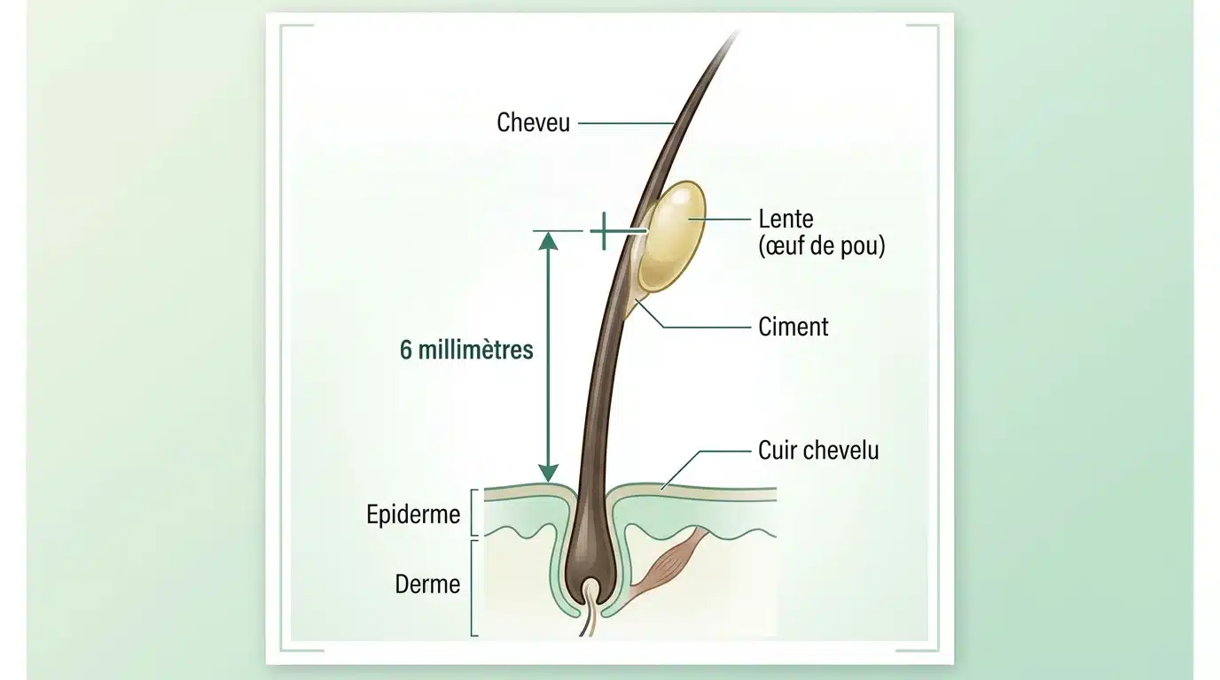 Schéma d'une lente accrochée à un cheveu à moins de 6 mm du cuir chevelu