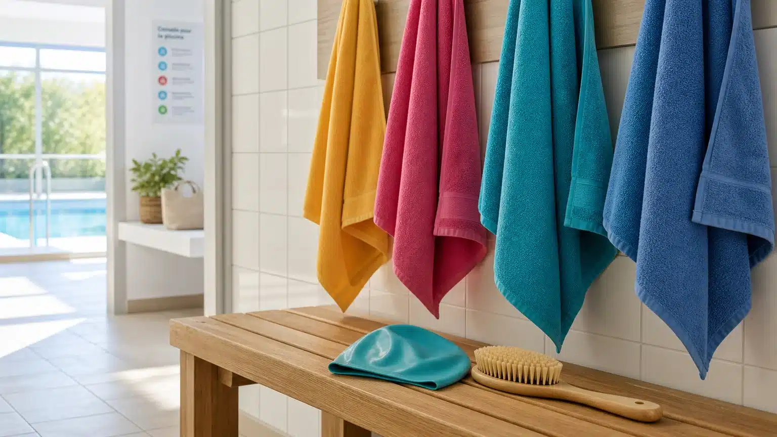 Vestiaire de piscine avec serviettes, bonnet de bain et brosse posés sur un banc