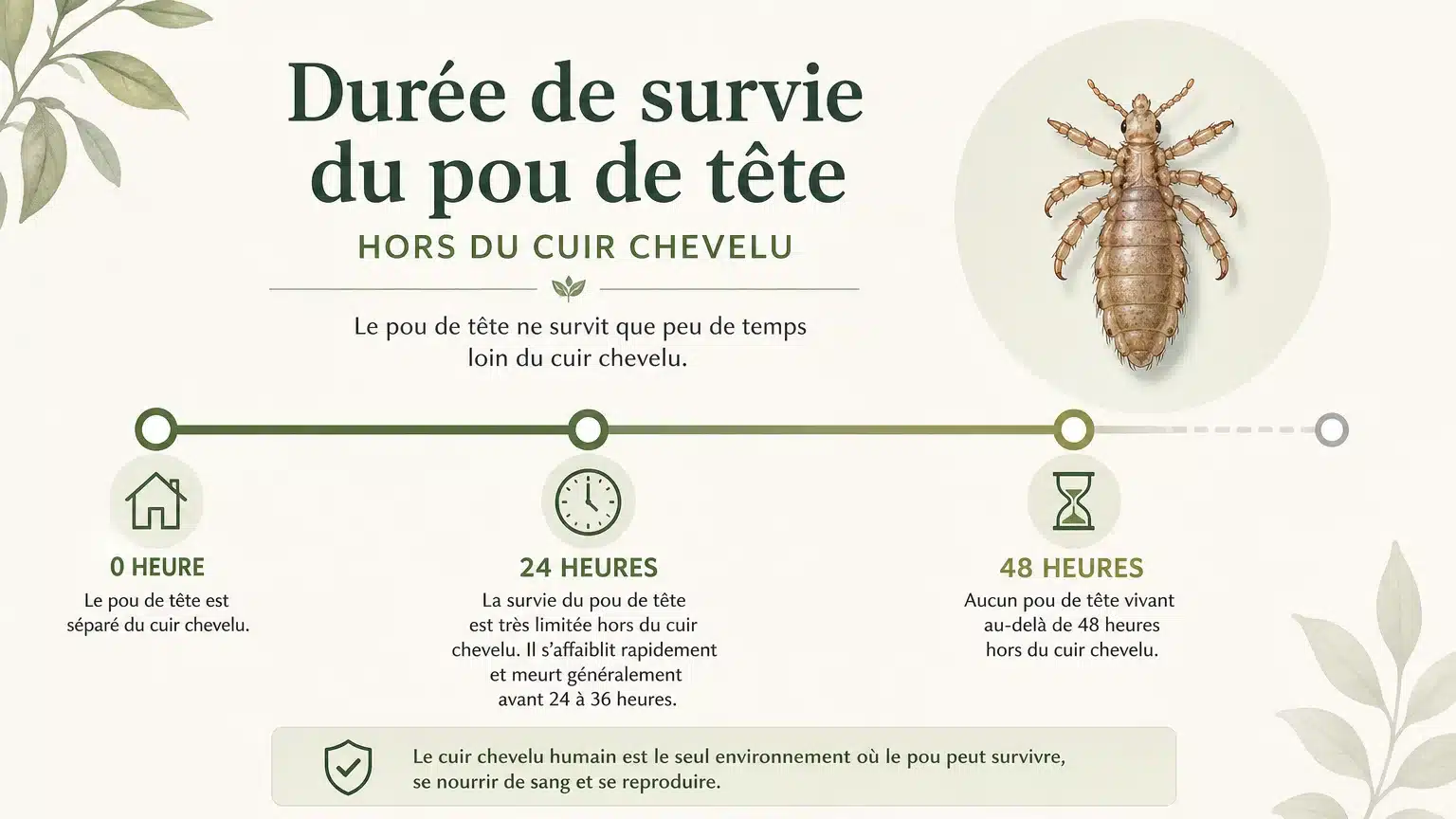 Frise chronologique illustrant la survie d'un pou hors du cuir chevelu sur 24 à 48 heures