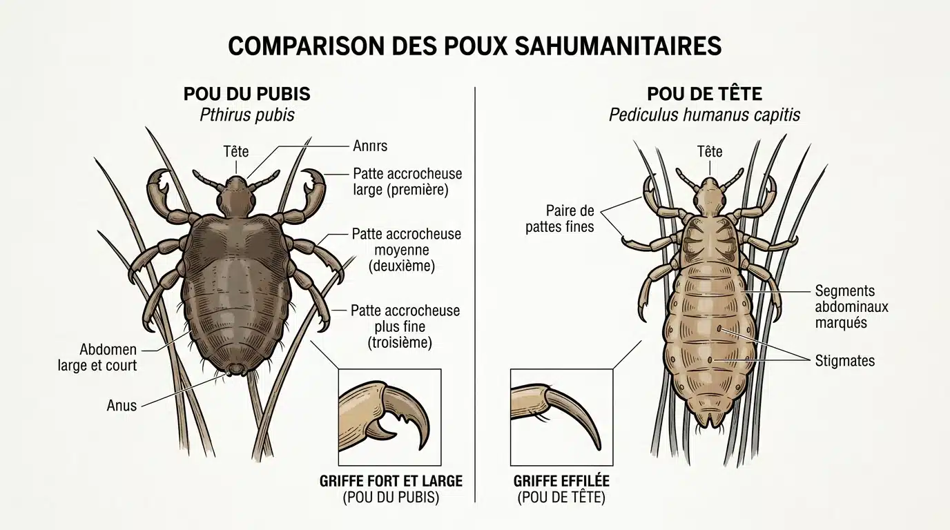 Illustration comparant un pou du pubis en forme de crabe et un pou de tête allongé