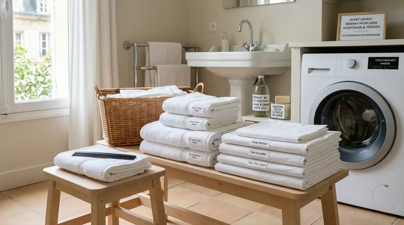 Peigne fin et linge de maison préparés pour une décontamination à 60 degrés