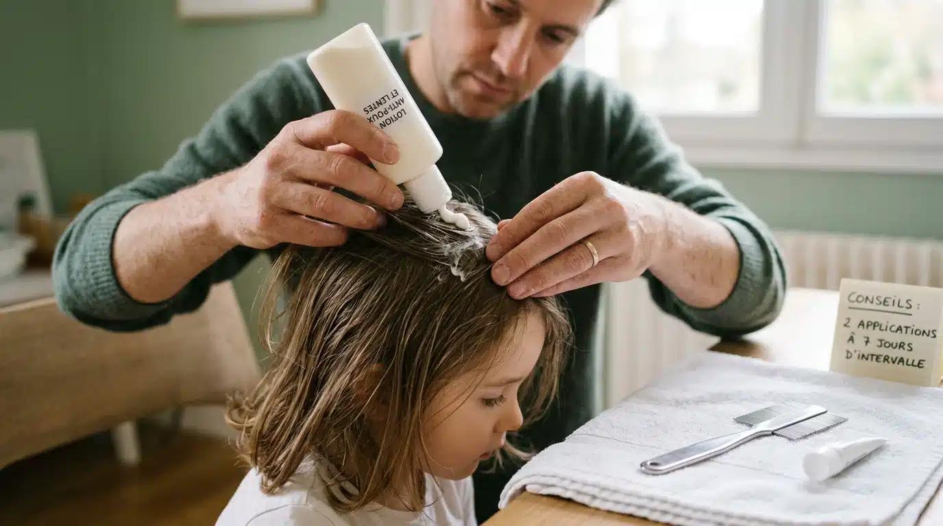 Application d'une lotion anti-poux sur les cheveux d'un enfant avec un peigne fin