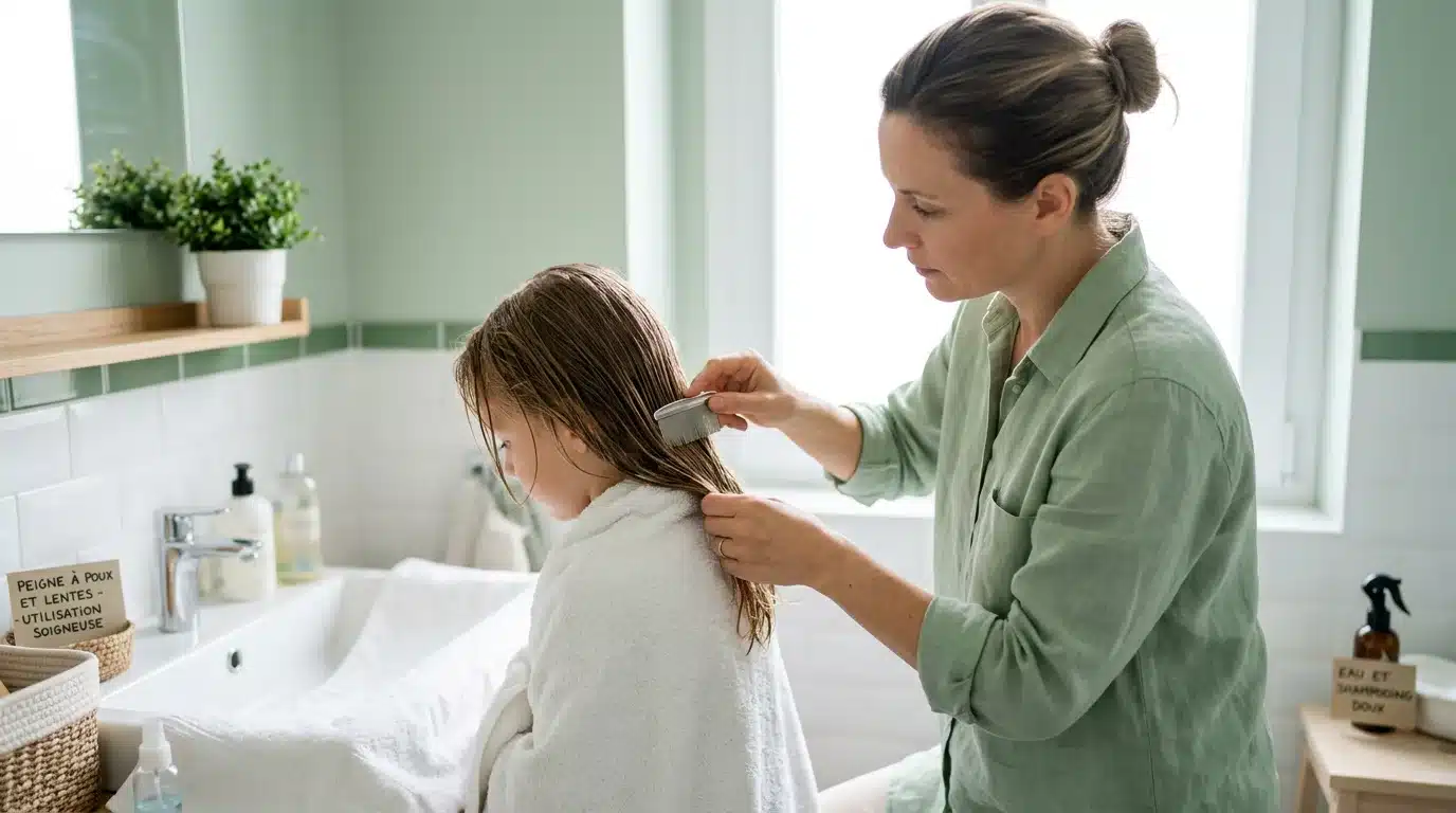 Peignage minutieux des cheveux humides avec un peigne à poux en métal