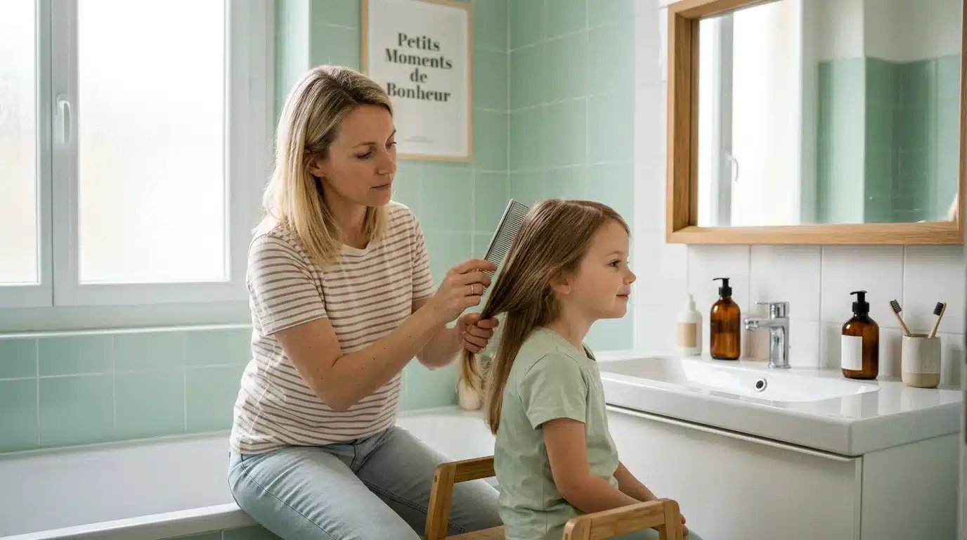 Parent européen peignant les cheveux de son enfant avec un peigne anti-poux à la maison