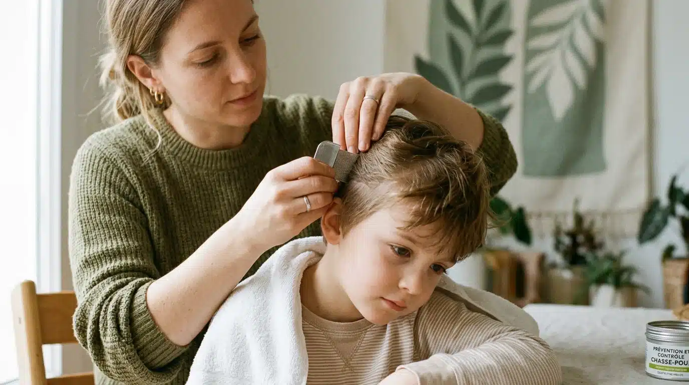Parent européen inspectant le cuir chevelu d'un enfant avec un peigne fin