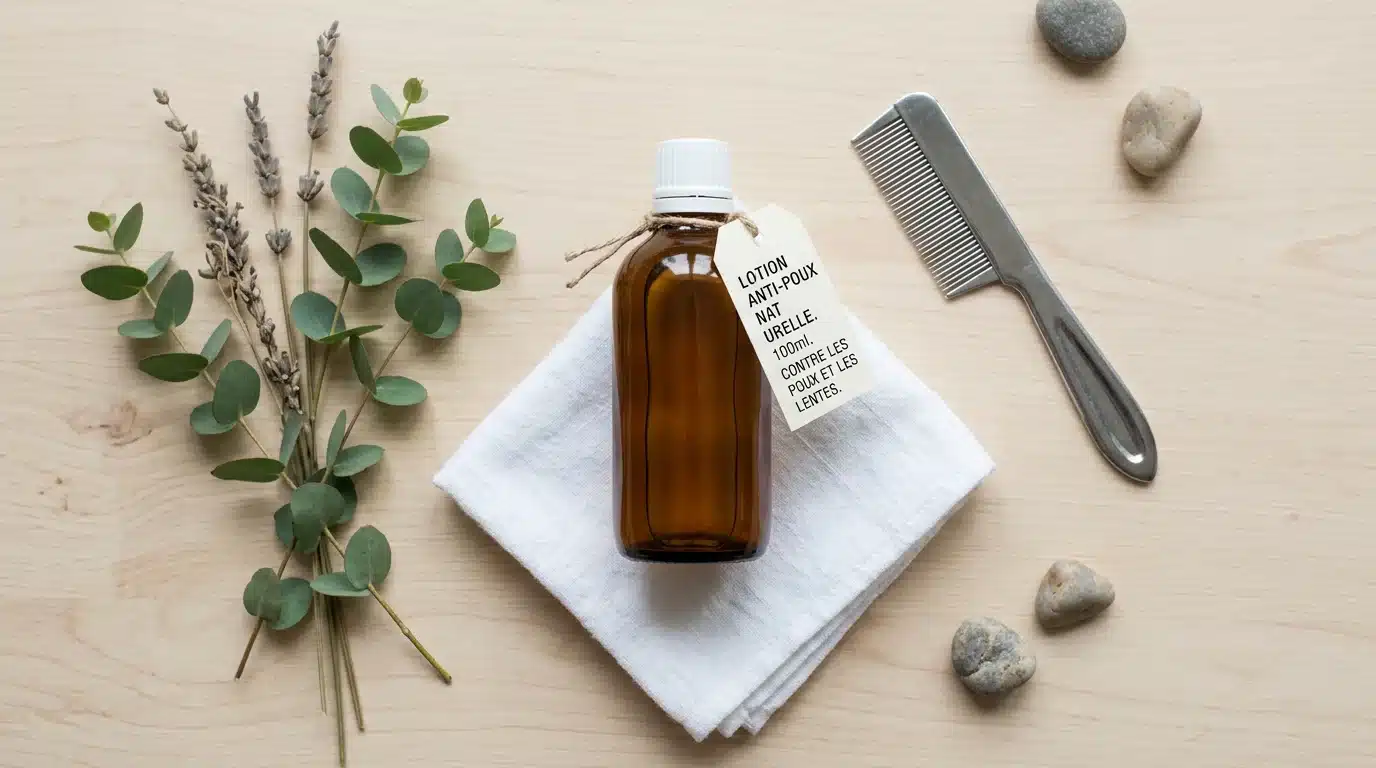 Peigne en métal et lotion naturelle anti-poux disposés à plat