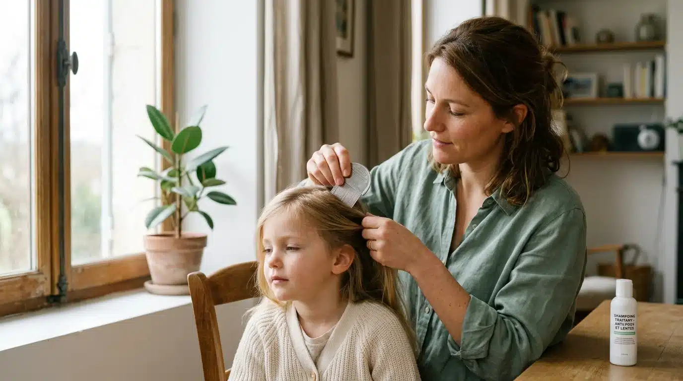 Mère européenne peignant les cheveux de sa fille avec un peigne anti-poux