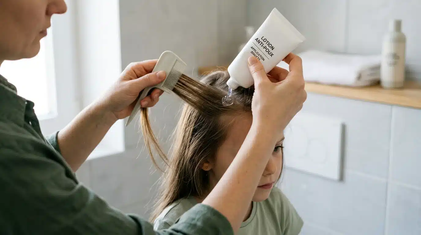 Application d'une lotion à base de diméticone sur les cheveux secs d'un enfant