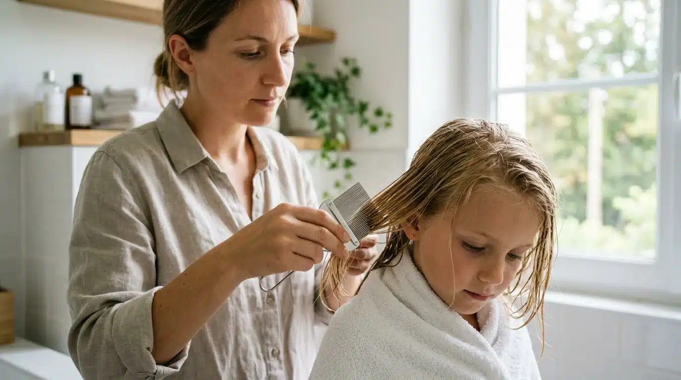 Peignage minutieux au peigne fin métallique sur cheveux humides