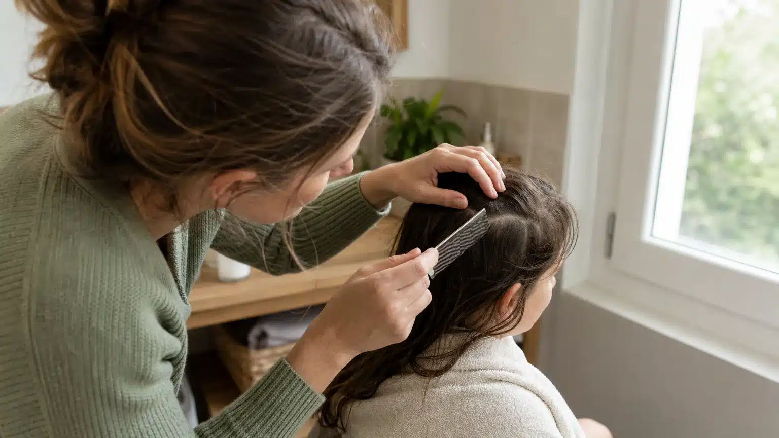 Parent examinant les cheveux d’un enfant avec un peigne fin