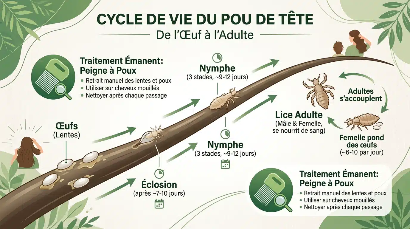 Schéma du cycle de vie du pou, de la lente au pou adulte