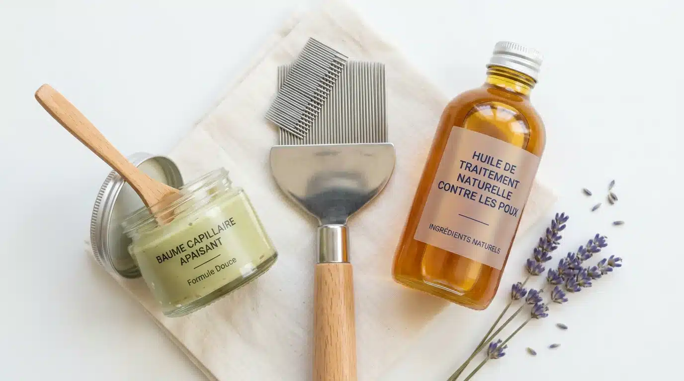 Peigne en métal, lotion et lavande disposés pour un traitement anti-poux naturel