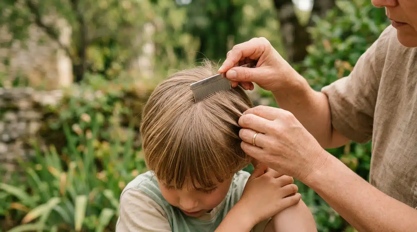 Examen du cuir chevelu d'un enfant au peigne fin en été