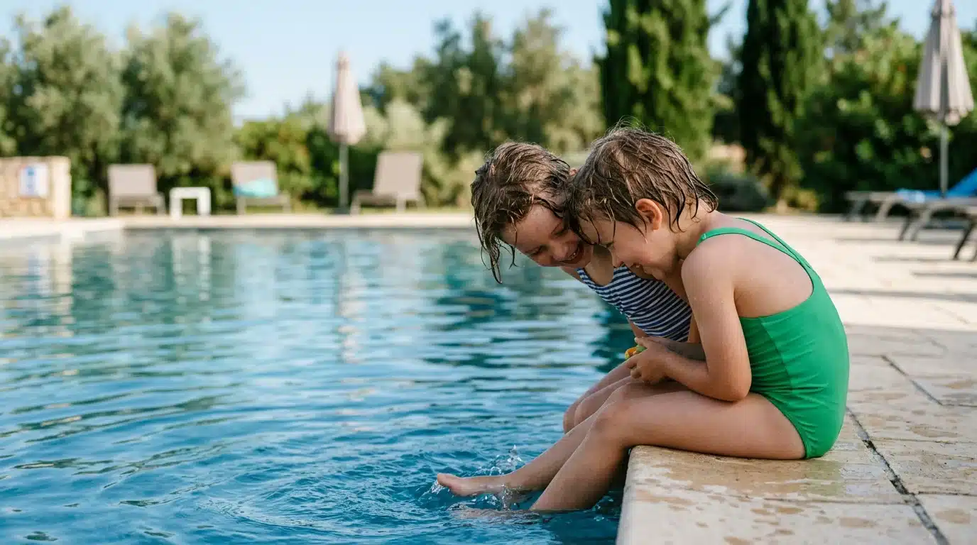 Enfants jouant tête contre tête près d'une piscine en été