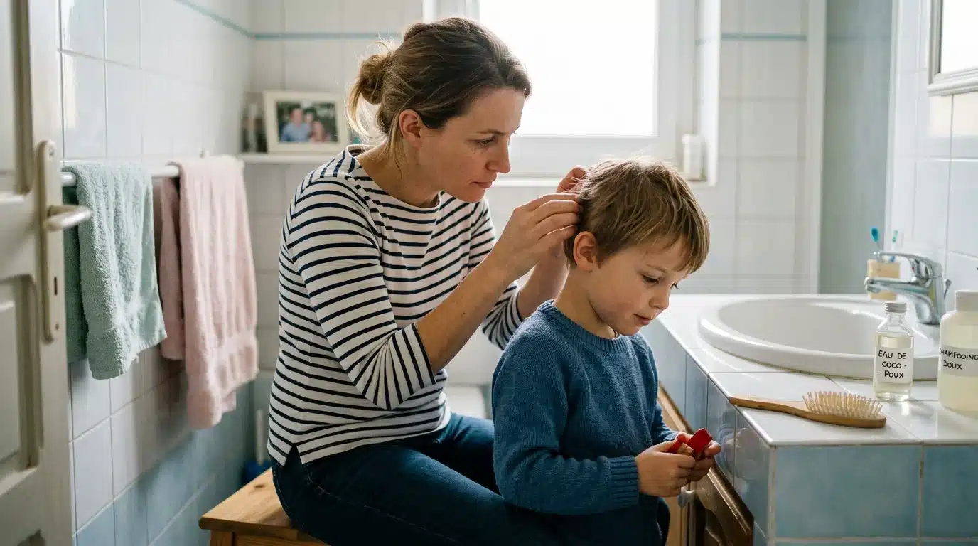 Un parent européen inspecte le cuir chevelu d'un enfant à la recherche de poux