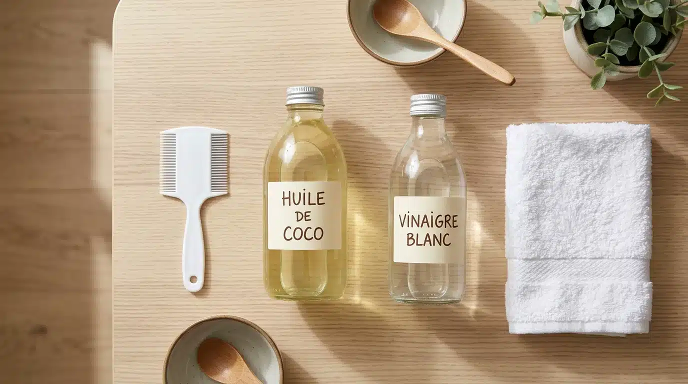 Peigne fin, huile de coco et vinaigre blanc disposés pour un traitement naturel des poux