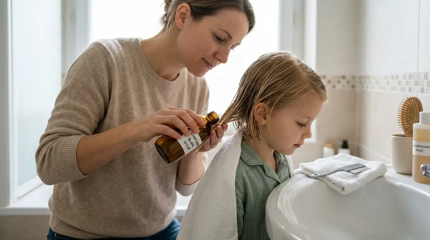 Application d'une solution de vinaigre dilué sur les cheveux d'un enfant avec un peigne à poux