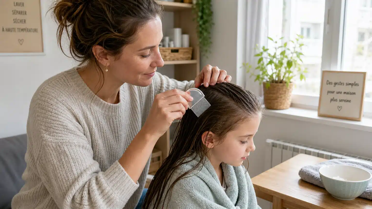Parent européen peignant les cheveux humides d'un enfant avec un peigne fin anti-poux