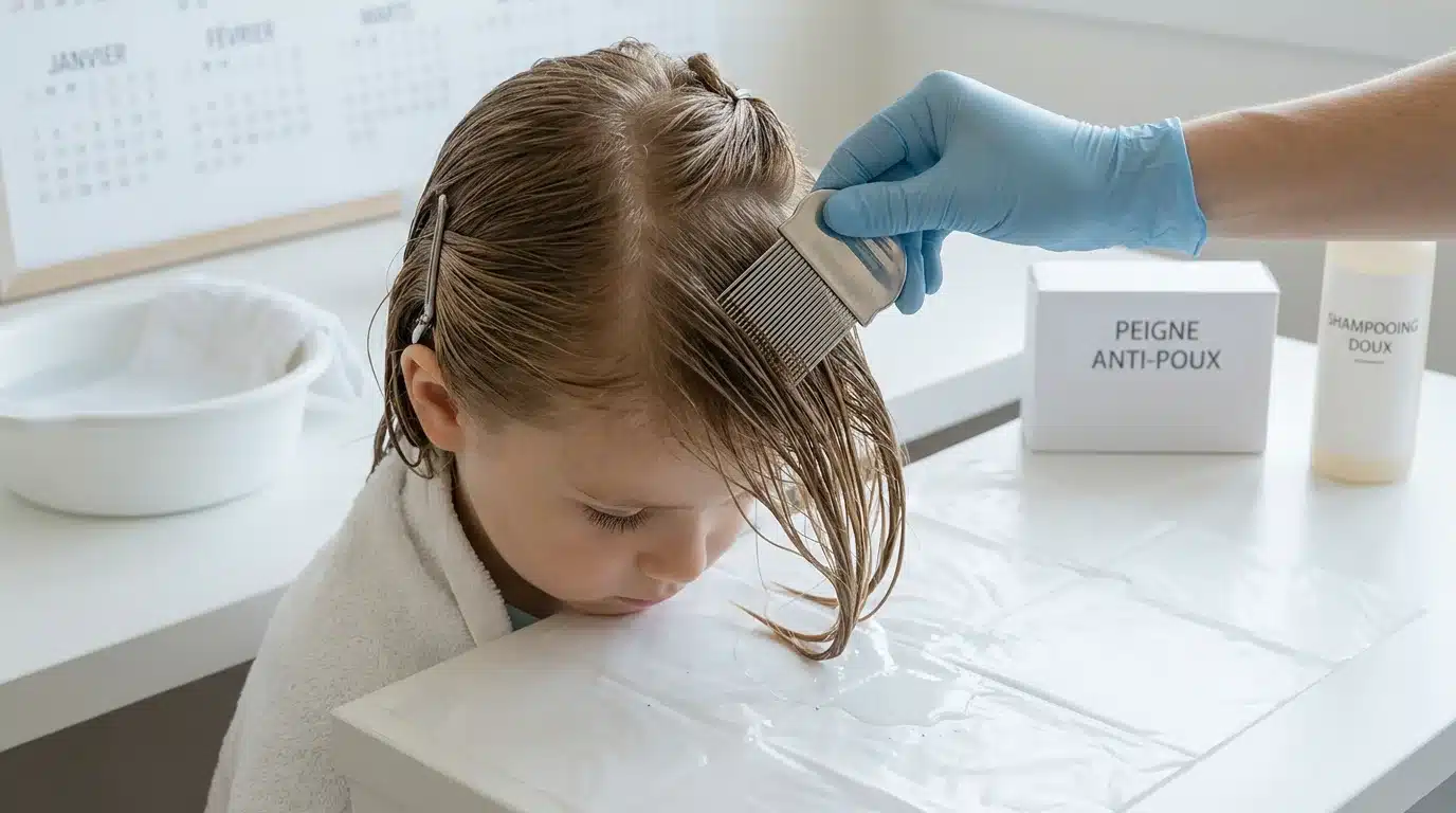 Passage d'un peigne anti-poux en métal sur cheveux humides au-dessus d'une surface blanche