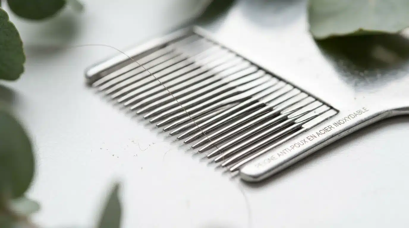 Peigne anti-poux en métal à dents serrées examiné sous une loupe lumineuse