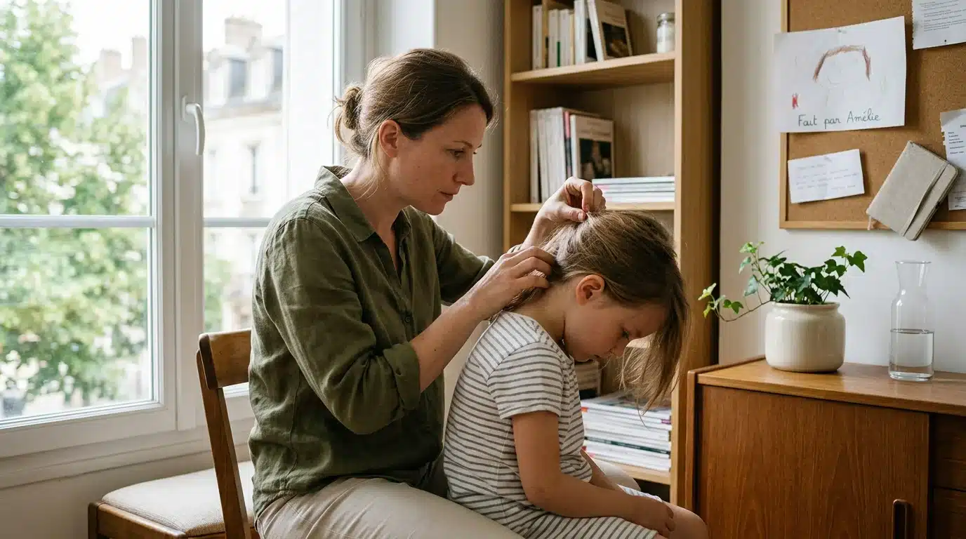 Une mère européenne inspecte les cheveux de son enfant à la recherche de poux