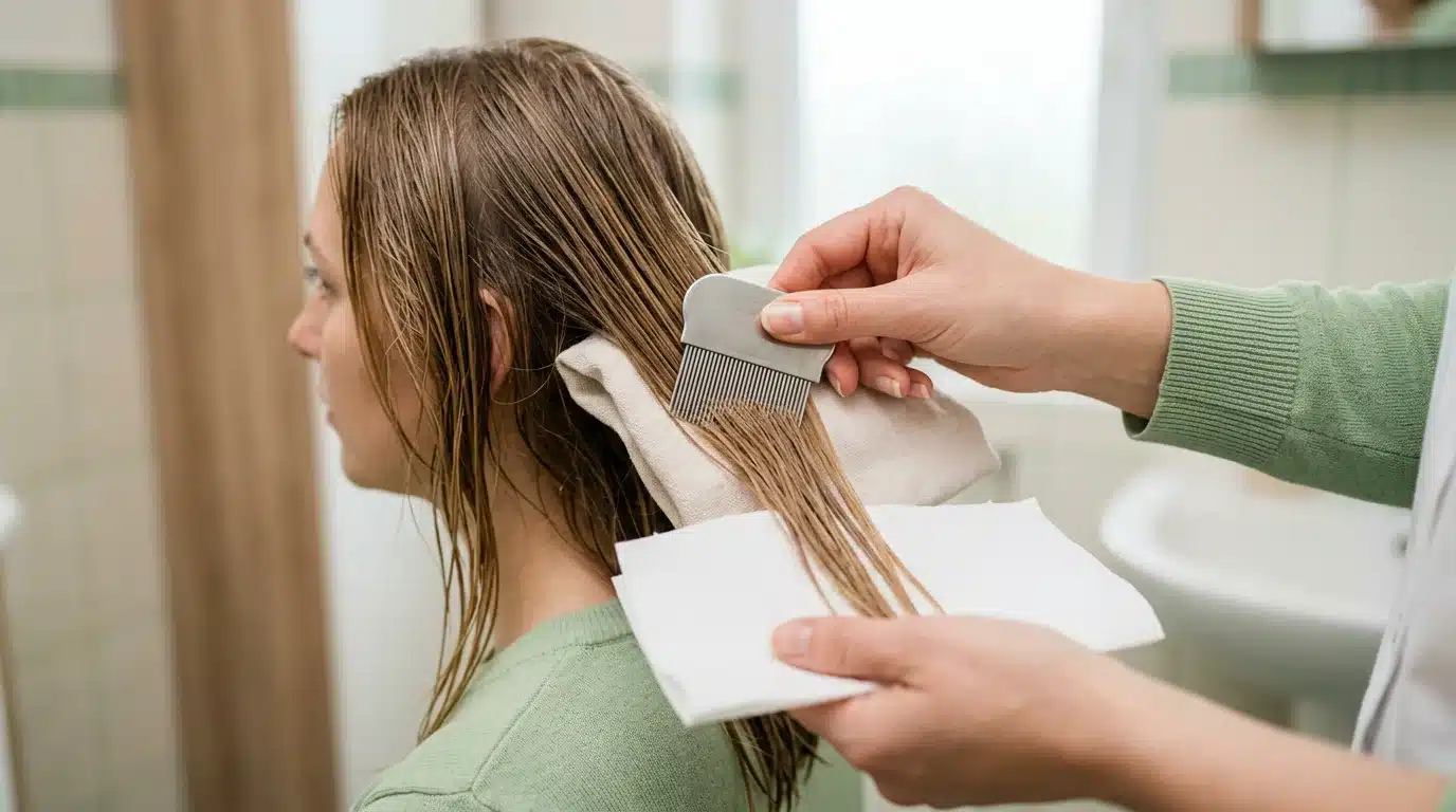 Peignage des cheveux humides d'un adulte avec un peigne anti-poux fin