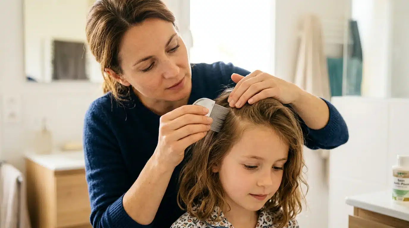 Un parent européen inspecte le cuir chevelu d'un enfant avec un peigne fin