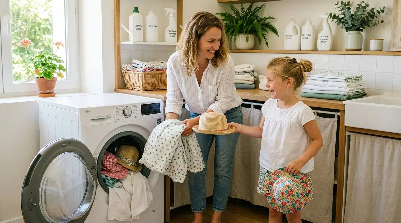 Une mère et sa fille européennes lavent du linge à haute température pour éviter la recontamination